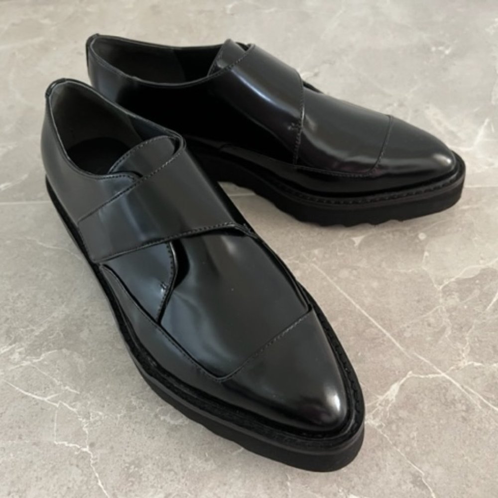 Vince Arden Black Polished Leather Strap Pointy Toe Platform Shoes